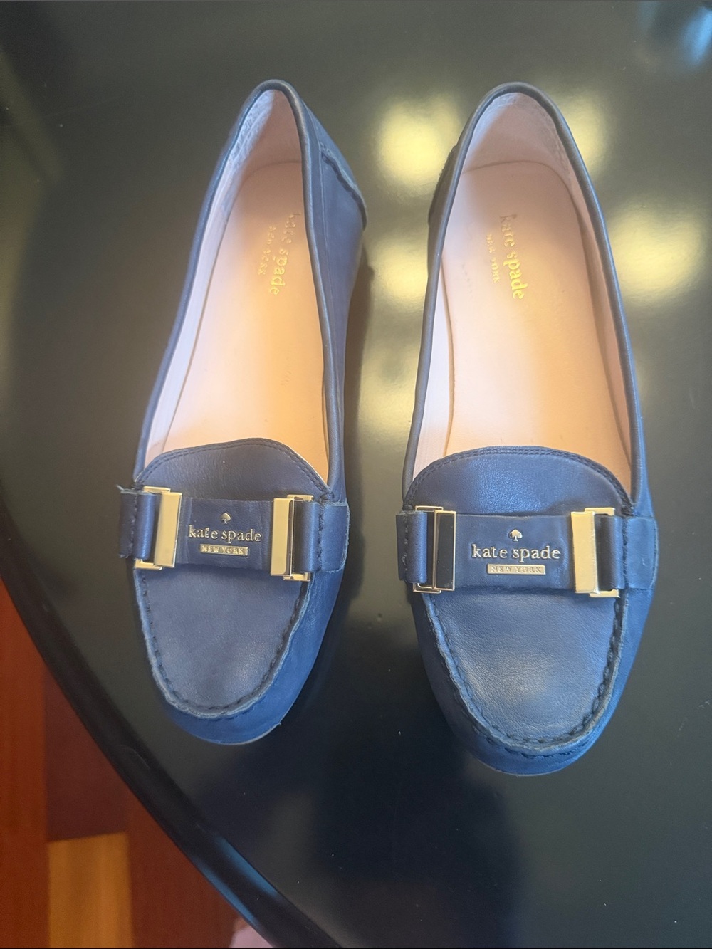 kate spade Navy Leather Loafers with Gold Buckle